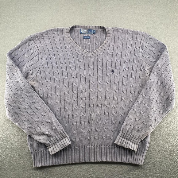 Polo By Ralph Lauren Sweater Mens Large Gray Cable Knit V Neck Cotton Pullover - Picture 1 of 8